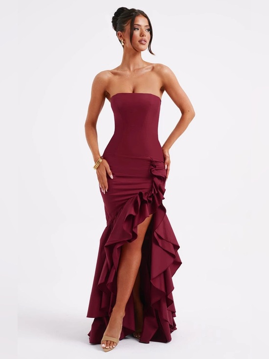 babyboo Dresses & Skirts - BABYBOO Angelina Maxi Dress XS Burgundy Red Mermaid Ruffle Slit Formal Wedding